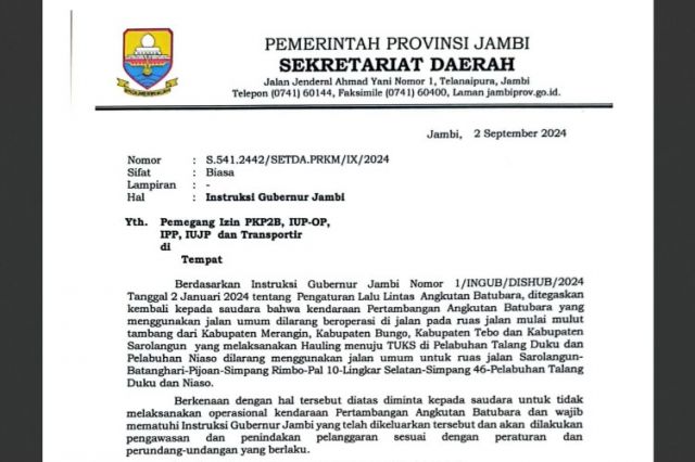 Pemerintah Provinsi Jambi Pertegas Larangan Penggunaan Jalan Umum untuk Angkutan Batubara