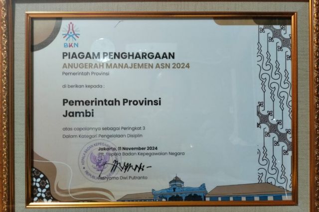 Hebat! Provinsi Jambi Masuk 3 Besar Nasional Anugerah Manajemen ASN 2024